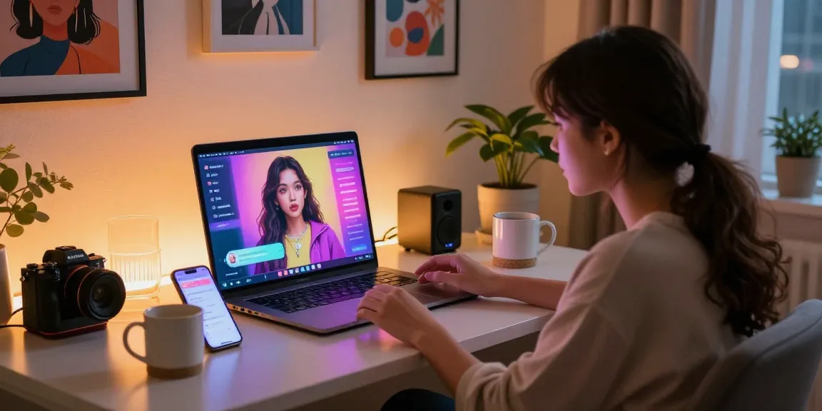 Engaging AI NSFW interaction scene featuring a user chatting with a charming AI girlfriend in a modern digital environment.