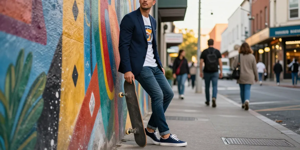 Men's fashion in an urban setting with a stylish man in a blazer and sneakers.