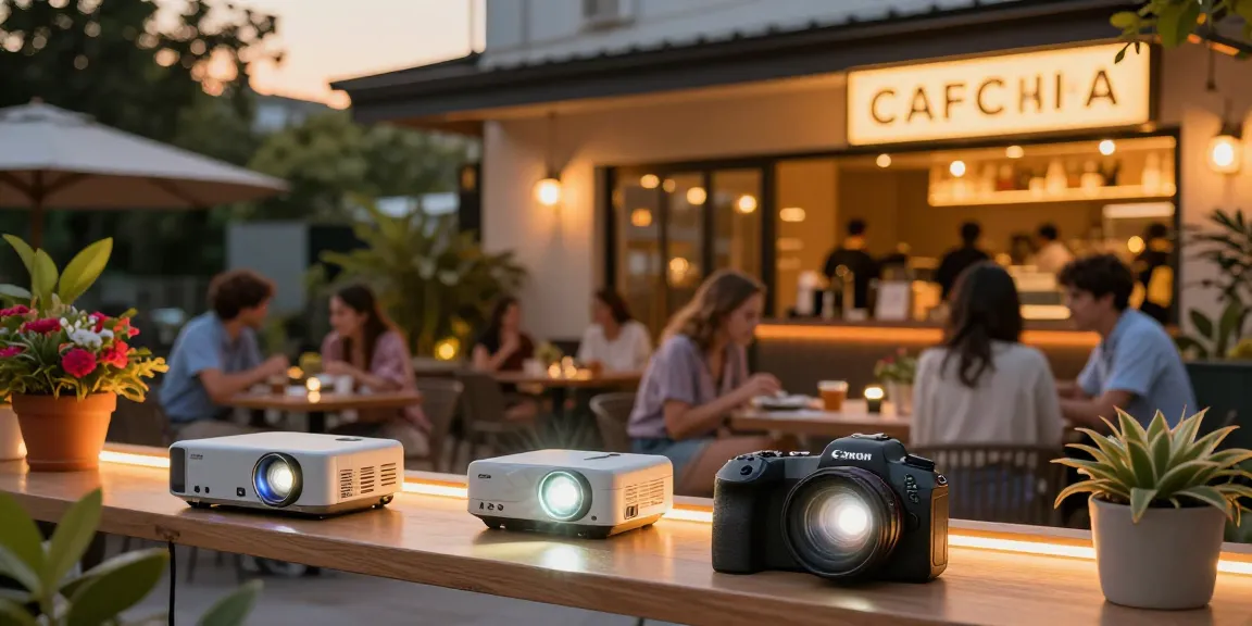 Proiector LED iluminând terasa unui café, creând o atmosferă plăcută.
