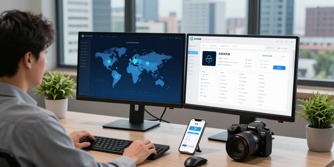 快连 network acceleration platform showcased on dual monitors in a sleek tech workspace.
