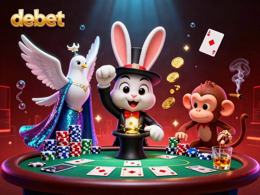 Engaging scene with the debet logo featuring a magician rabbit pulling coins, with vibrant casino action.