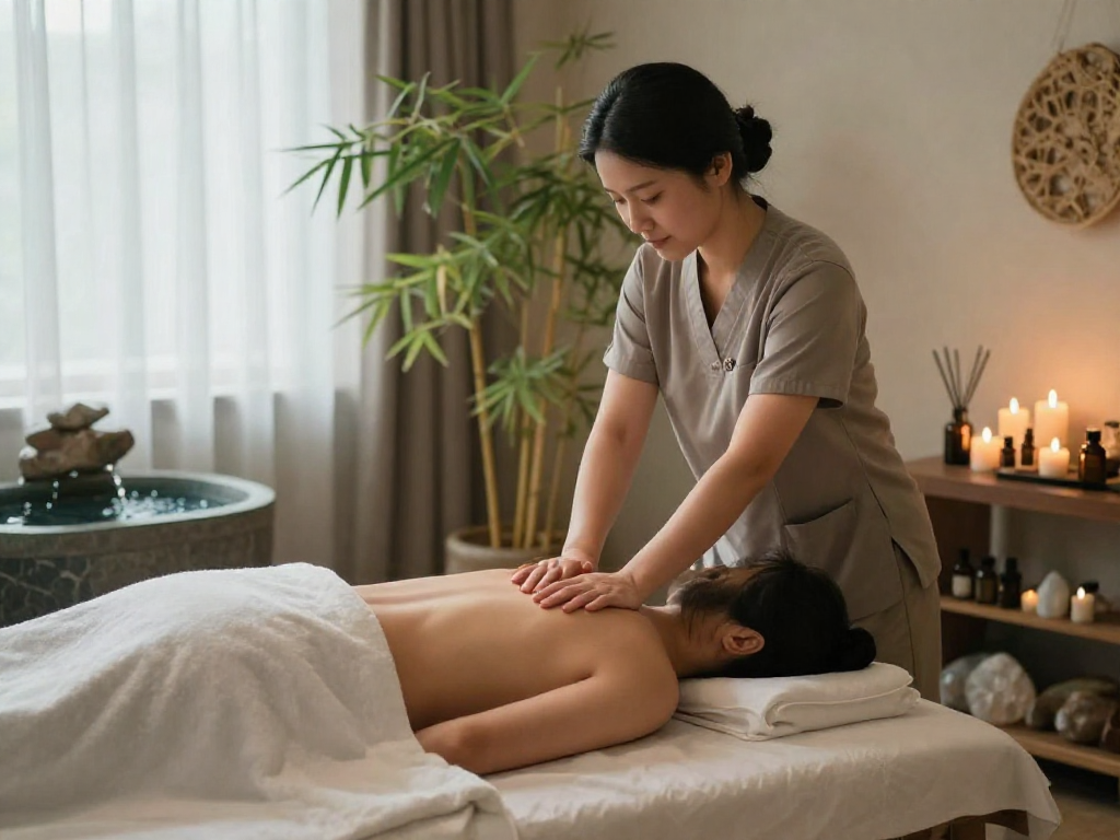 고양출장안마 treatment in a tranquil spa with soothing atmosphere and calming elements.