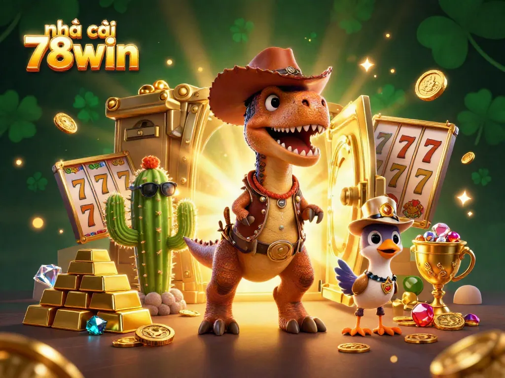 Engaging scene highlighting nhà cái 78win with a dynamic 3D cartoon dinosaur and casino themes.
