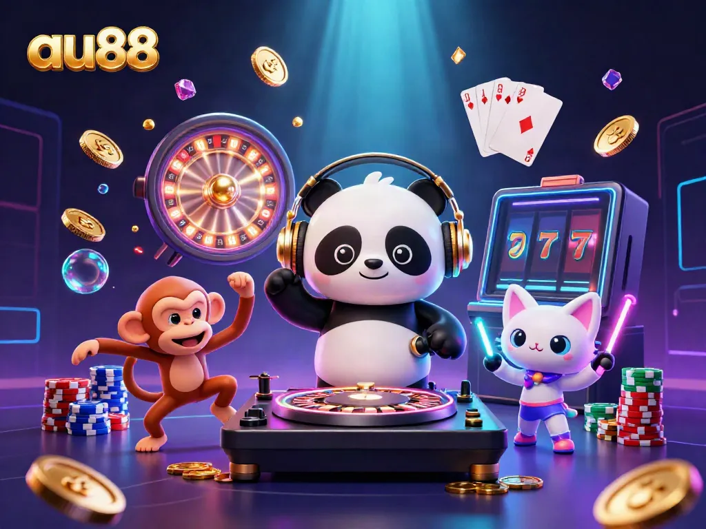 Join the fun at au88 with lively characters dancing and jackpots in a vibrant casino scene.