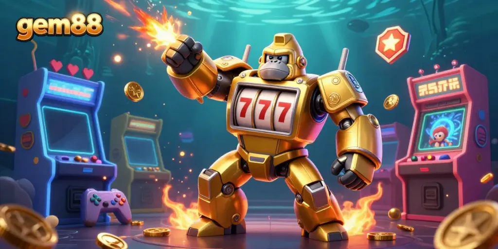 Engage with gem88's thrilling casino experience featuring a golden gorilla mech slot machine blasting coins.