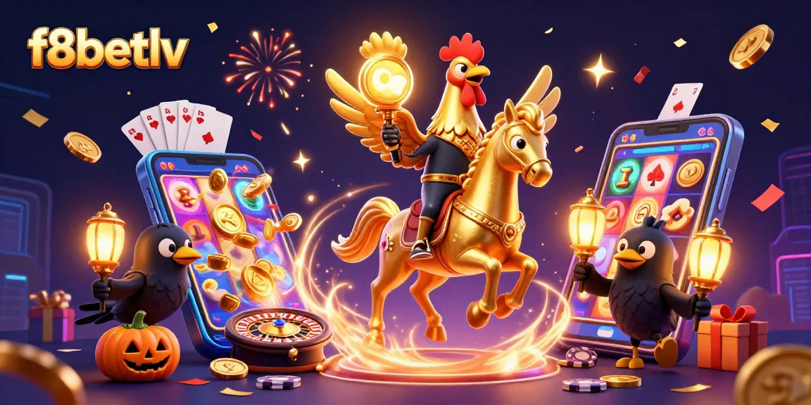 Experience f8betlv's vibrant slots with golden rooster and dazzling casino scenes.