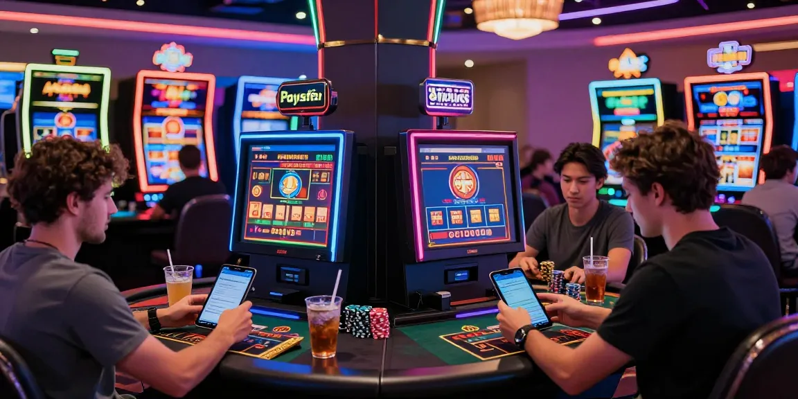 Spieler, die an einem lebhaften Paysafe Card Casino-Erlebnis teilnehmen und sicher mit mobilen Geräten in einer lebhaften Casino-Umgebung einzahlen.