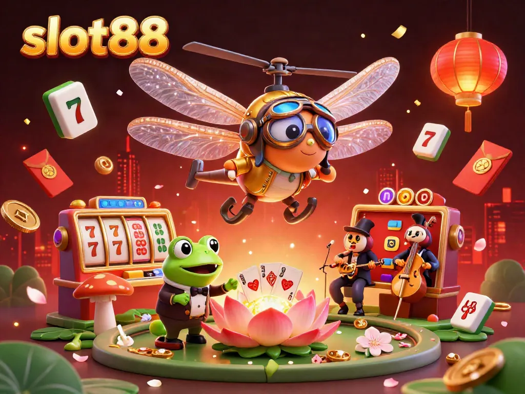 Experience the excitement of slot88 with a vibrant 3D illustration of a dragonfly pilot and frog croupier at a lily pad casino.