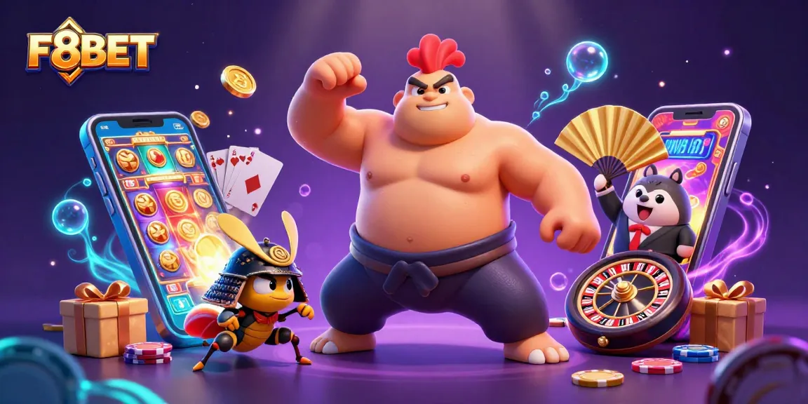 Engage with F8BET's thrilling slot experience as a powerful sumo wrestler and a fierce cricket battle in a vibrant casino.