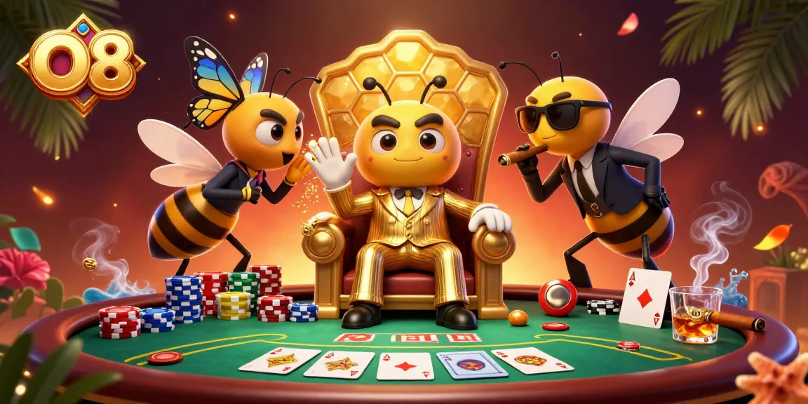 O8 players strategize around an extravagant casino table featuring rich poker elements.