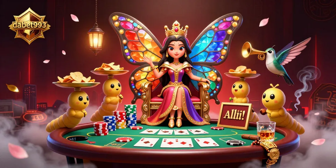 Experience dabet993 with a vibrant casino scene featuring a butterfly queen, poker elements, and rich colors.