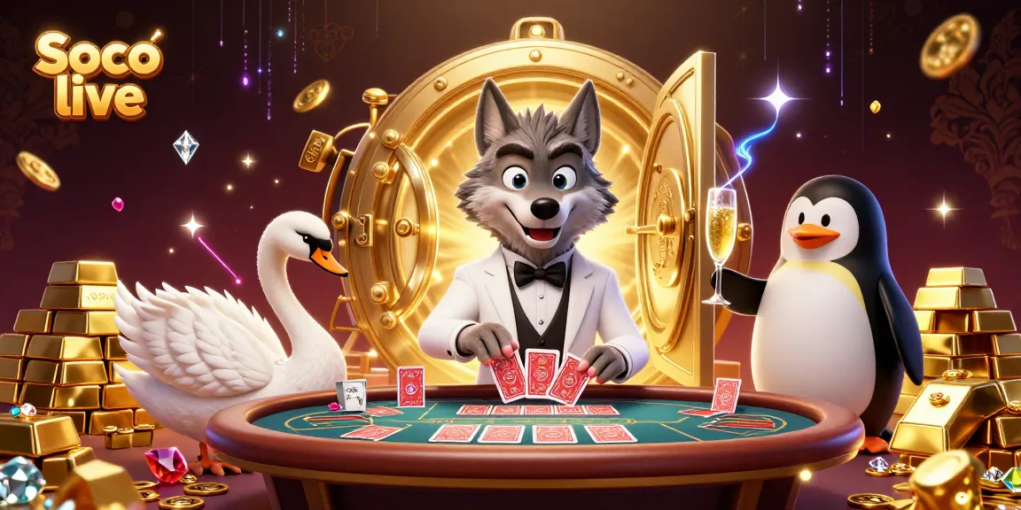 Soco live delivers a vibrant casino scene with a debonair wolf, an elegant swan, and a penguin sommelier celebrating wins.