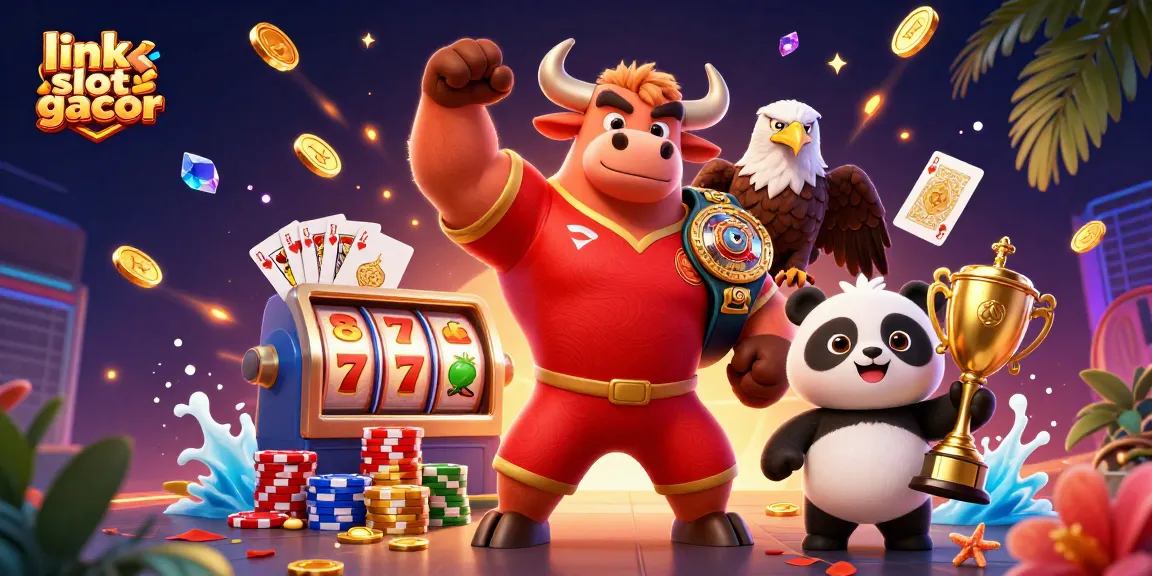Experience the thrill of link slot gacor with cartoon characters celebrating big wins amid vibrant casino elements.