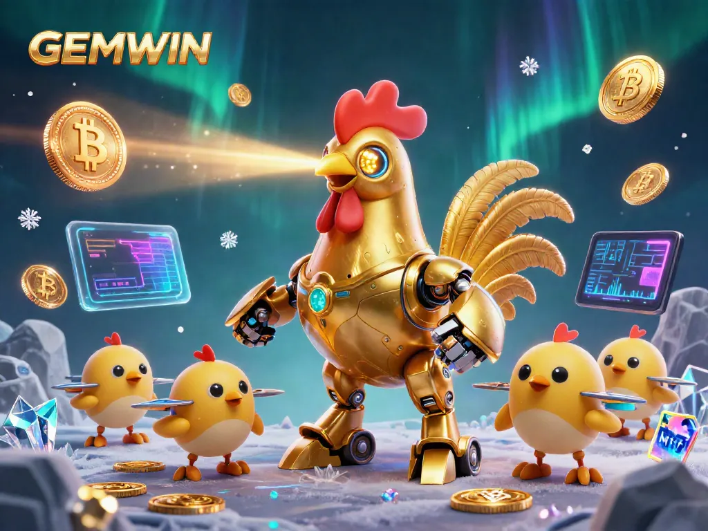 Engage with GEMWIN's thrilling gaming experience, featuring a golden rooster robot and crypto elements