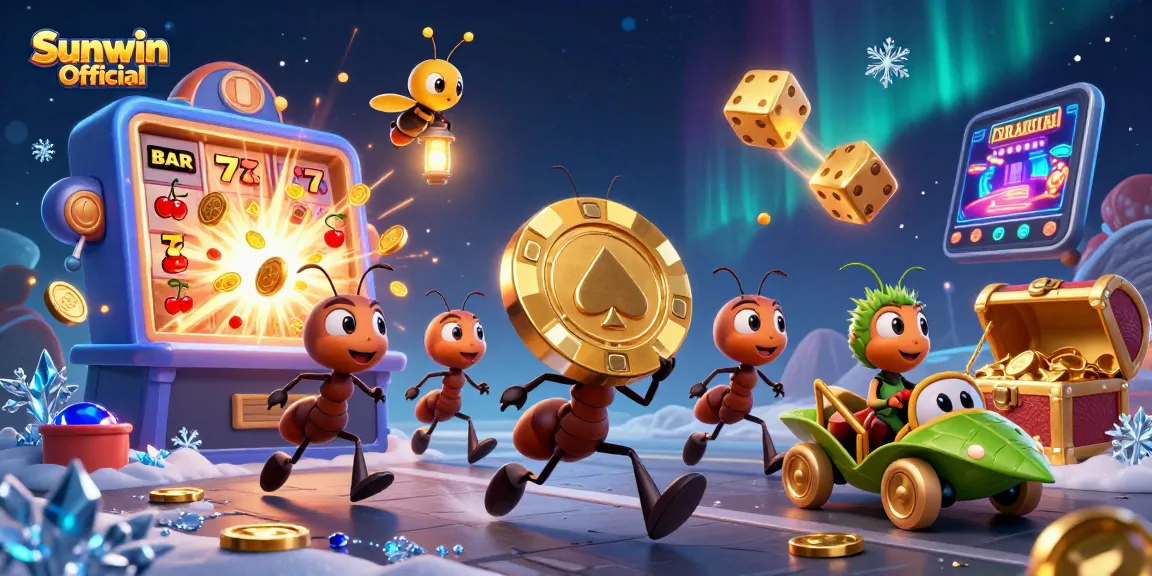 Experience the excitement of Sunwin Official with vibrant casino elements and dynamic characters celebrating a jackpot.