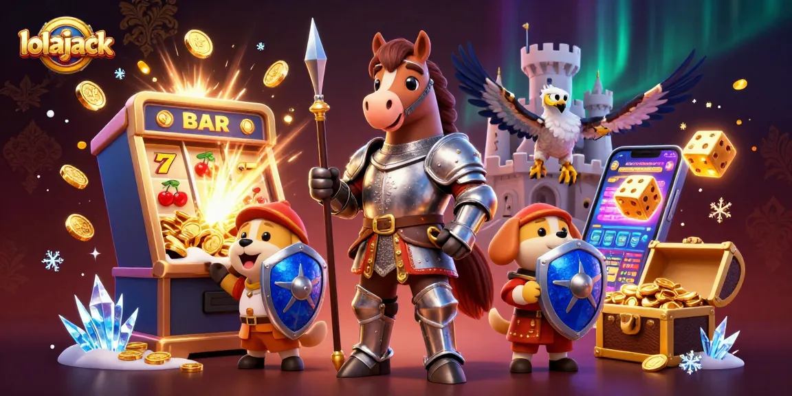 Experience exciting gambling with lolajack in a fantasy casino scene featuring knights and slots.