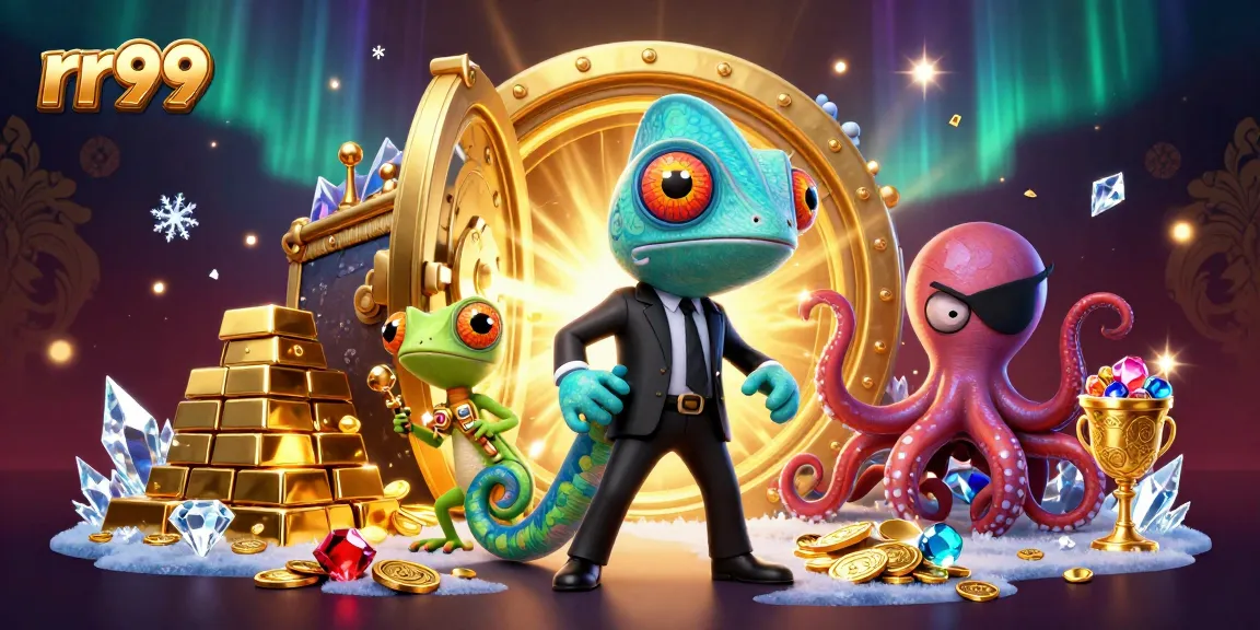 Engage with rr99's interactive casino scene featuring vibrant characters and dazzling treasures.