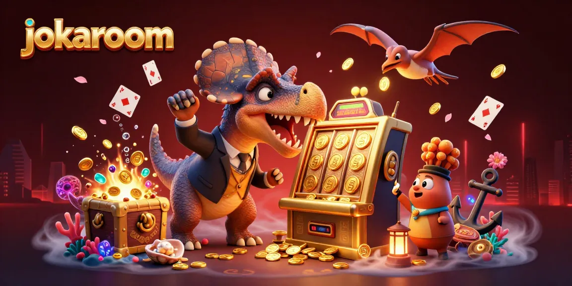 jokaroom's pachycephalosaurus wins jackpots while pteranodon catches gold coins in a dynamic casino scene