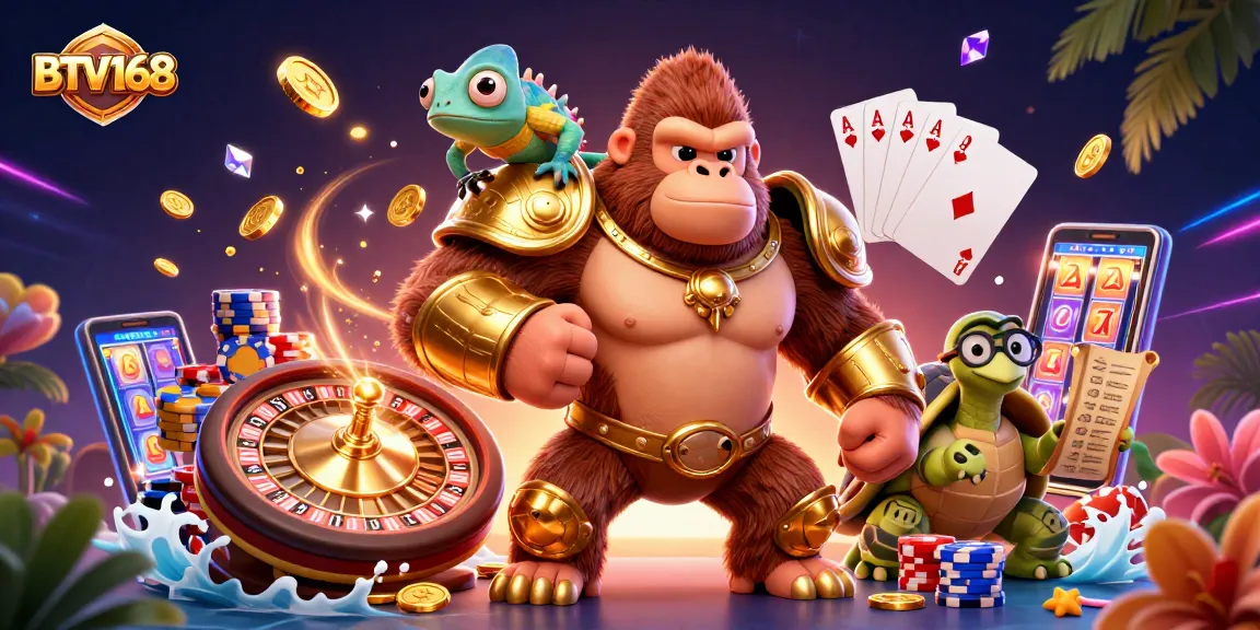 Experience thrilling action with BTV168 in a dynamic casino scene featuring a powerful gaming trio.