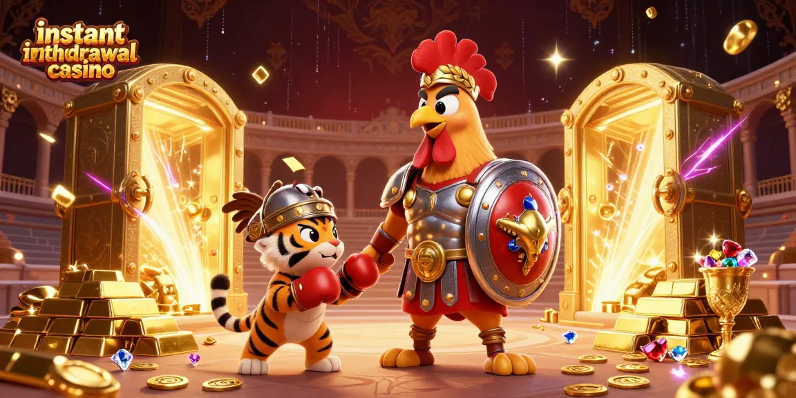 Unleash the thrill at an instant withdrawal casino with a vibrant 3D scene featuring a rooster champion.